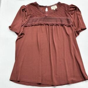 Flower & Feather Size 2XL Top Boho Romantic Lace Puff Sleeves Rust Fairycore